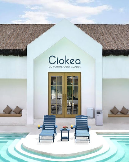 Ciokea Lounge Chair Outdoor, Oversized Chaise Lounge Chair with 5 Positions, HDPE, Patio Lounge Chair with Wheels & Cup Holder for Pool, Deck, Poolside, Azure Blue