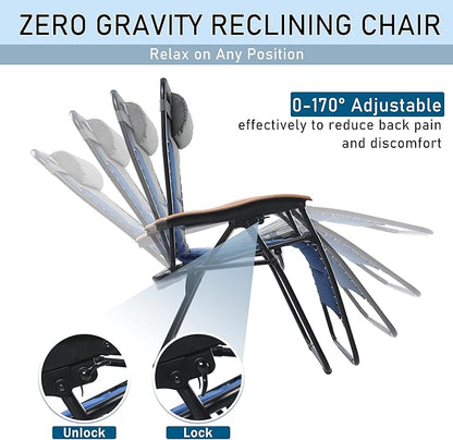PHI VILLA XXL Oversized Padded Zero Gravity Chair Set of 2, Foldable Patio Recliner, 30" Wide Seat Anti Gravity Lounger with Armrest and Cup Holder, Support 400 LBS (Thumb Blue)