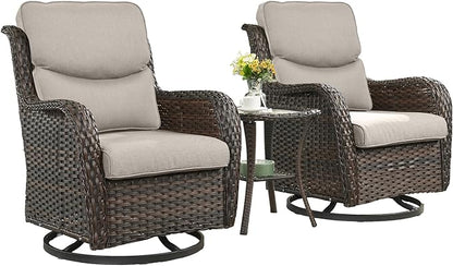 Rilyson Wicker Rocking Chair Swivel Chairs - 3 Piece Rocker Patio Furniture Set Rattan Rocking Bistro Sets with Glass Top Side Table for Outdoor Porch Deck Garden Backyard (Brown/Beige/Smile)