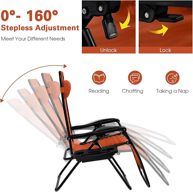 Goplus Zero Gravity Lounge Chairs, 160°Adjustable Folding Recliner w/Pillow and Cup Holder, 350LBS Comfy Outdoor Lounge Chairs for Patio, Lawn, Yard & Camp(Set of 2, Orange)
