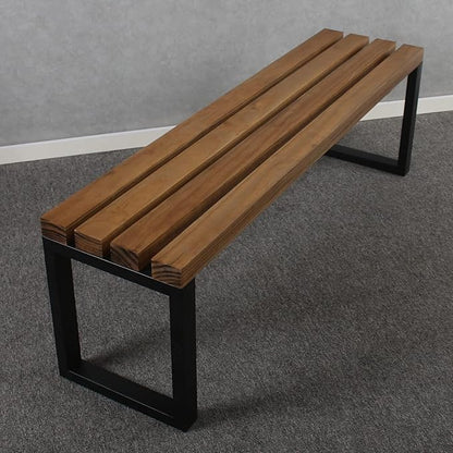 MBQQ Outdoor Soild Wood Bench,55 inch Patio Picnic Bench,Oil Finished Backless Wooden Garden Park Bench for Patio Porch, Modern Slim Indoor Dining Furniture,Sandblast Finish/Rustic Metal,Teak Color