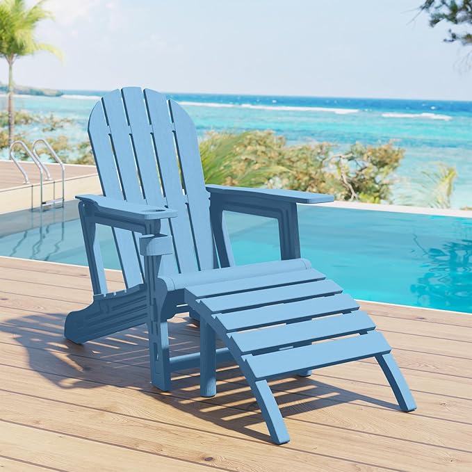Adirondack Ottoman Tool-Free Assembly, HDPE All Weather Outdoor Foot Rest, Plastic Adirondack Chair Footstool for Patio Deck Backyard Outside(Blue)