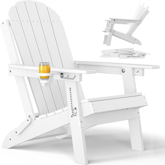 YEFU Folding Adirondack Chair for Outdoor: Plastic Foldable Fire Pit Chair with Cup Holder & Adjustable Backrest - Sturdy All-Weather HDPE for Outside Patio Poolside - Easy Assembly
