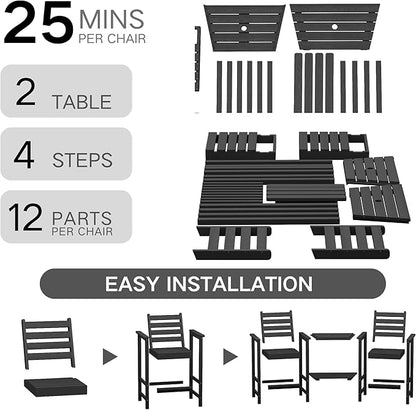 Kingdura Tall Adirondack Chairs Set of 2, Weather Resistant HDPE Bar Height Outdoor Stools with Removable Double Connecting Trays, Wooden Grain for Patio, Balcony, Deck (Black)