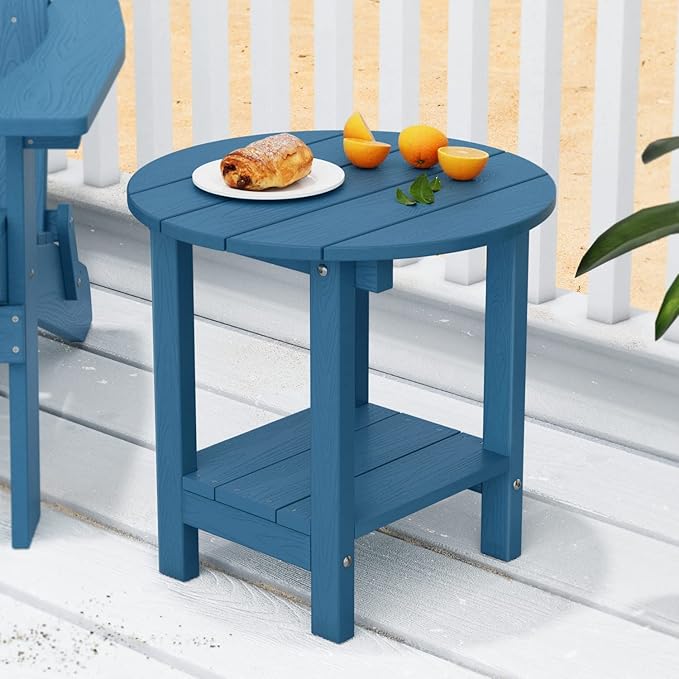 MXIMU Round Outdoor Side Table Adirondack Tables 18 Inch Chairside End Tables with Storage Shelf, 2-Tier Plastic Patio Side Table, Weather Resistant for Balcony Backyard Lawn (Navy, 2 Pack)