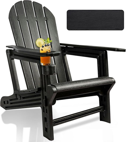 Adirondack Chair, HDPE Plastic Adirondack Chairs for All Weather，Fire Pit Chair, Patio Chairs with 1 Cup Holder, Outdoor Lawn Chairs for Poolside,Backyard, Deck,Patio Garden, Black