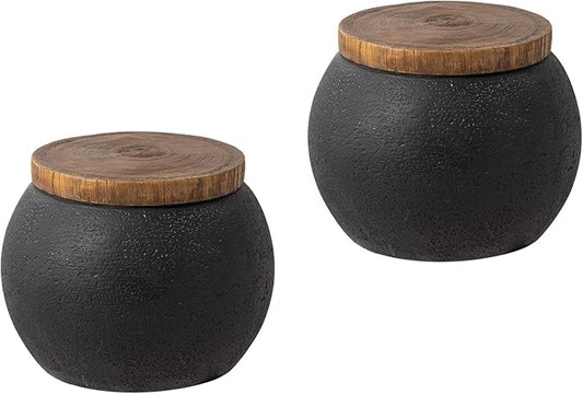 COSIEST 2 Pieces Outdoor Side Table,Set of 2 Black Drum Outdoor End Tables,17" Concrete Side Table,Patio Side Tables for Outside Faux-Wood Top Accent Table Stool for Livingroom,Bedroom,Garden