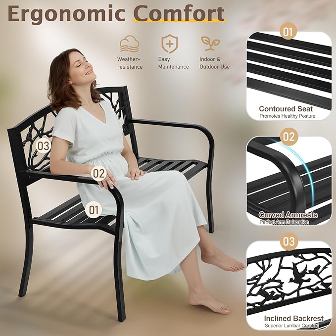VINGLI 50" Outdoor Bench with PVC Magpie Backrest, Black Metal Patio Bench, Heavy-Duty Iron Garden Benches for Yard, Lawn, Porch, Pathway