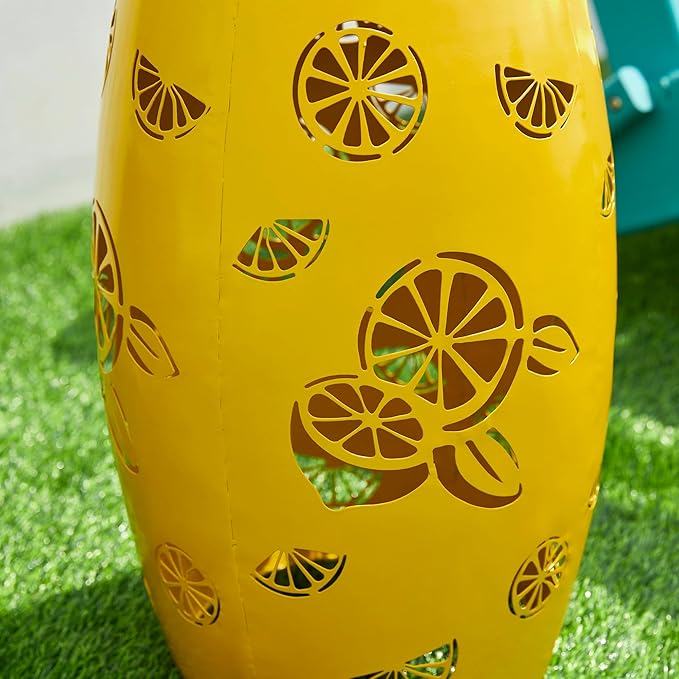 Glitzhome Set of 2 Outdoor Side Table with Lemon Pattern Solar Powered Light, 18.25" H Iron Cutout Drum Garden Stool Solar Decorative Lanterns, Metal End Table Plant Stand for Indoor Outdoor, Yellow