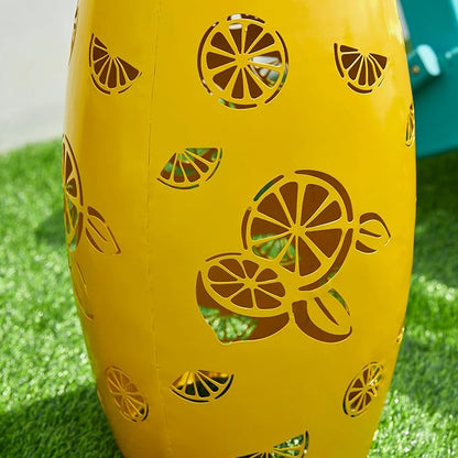 Glitzhome Set of 2 Outdoor Side Table with Lemon Pattern Solar Powered Light, 18.25" H Iron Cutout Drum Garden Stool Solar Decorative Lanterns, Metal End Table Plant Stand for Indoor Outdoor, Yellow