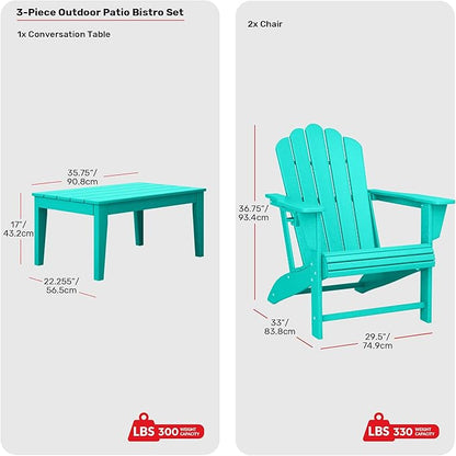 Costaelm Lakeview 3-Piece Adirondack Chairs with Cup Holders and Coffee Table Set, Turquoise