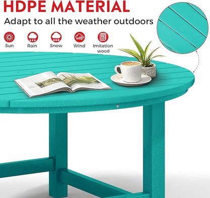 Costaelm Patio Conversation Table, Tatio Accent HDPE Outdoor Weather Resistant, Round Outdoor Porch Balcony Patio Drink Table for Outside, Pool, Backyard, Turquoise