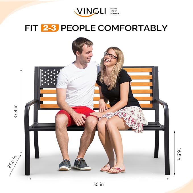 VINGLI Outdoor Metal Bench, 50in Weatherproof Garden Bench w/American Flag Style, 2-Person Sturdy Steel Patio Bench for Front Porch Yard Park