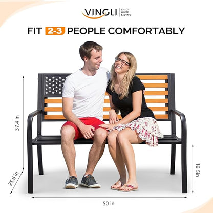 VINGLI Outdoor Metal Bench, 50in Weatherproof Garden Bench w/American Flag Style, 2-Person Sturdy Steel Patio Bench for Front Porch Yard Park