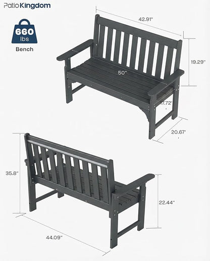 HDPE Garden Bench, All Weather 2-Person Outdoor Benches, Rust Free & Fade Resistant Patio Benches for Garden, Porch, Backyard, Deck, Lawn, Balcony, Poolside (Grey, 2 Benches)