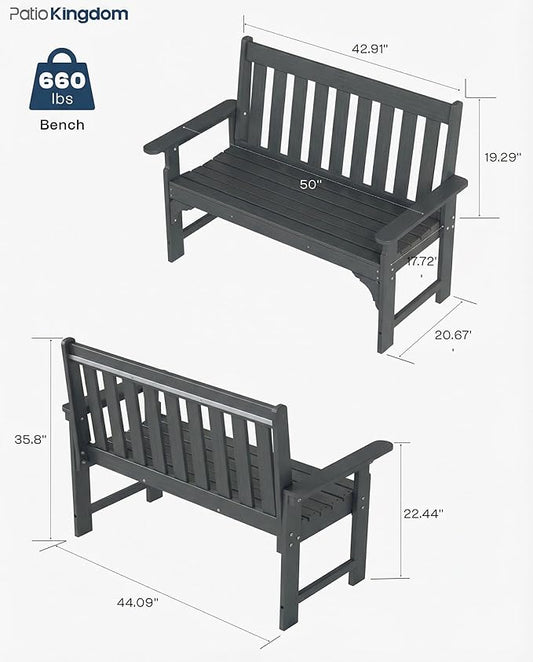 HDPE Garden Bench, All Weather 2-Person Outdoor Benches, Rust Free & Fade Resistant Patio Benches for Garden, Porch, Backyard, Deck, Lawn, Balcony, Poolside (Grey, 1 Beach)