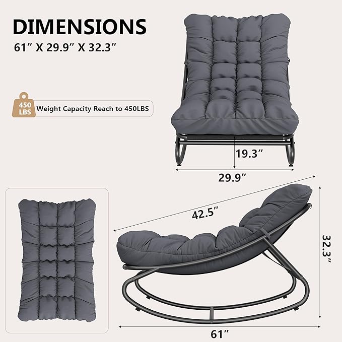 GarveeLife Outdoor Rocking Chair with Cushion, Metal Frame Patio Glider Chair with Oxford Fabric Seat - Photo 8