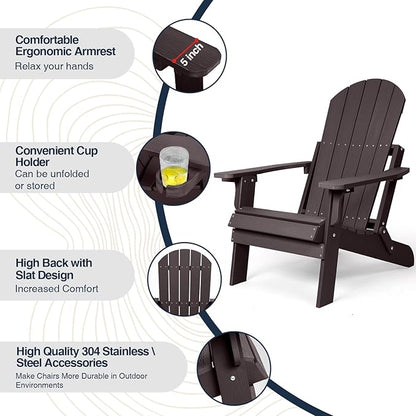 Folding Adirondack Chairs Set of 4, All Weather Resistant Plastic Chair with Cup Holder, Fold or Unfold Easily in 1 Second, Outdoor Chairs for Patio, Garden, Backyard Deck, Lawn Fire Pit(Brown)