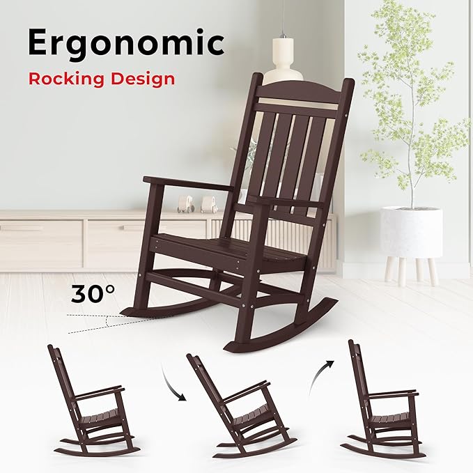 Costaelm Oversized Outdoor Rocking Chair, High Back Porch Rocker Chair, HDPE All Weather Resistant Outdoor Seating Furniture Wide Rocker Chair for Patio, Lawn, Garden, Dark Brown
