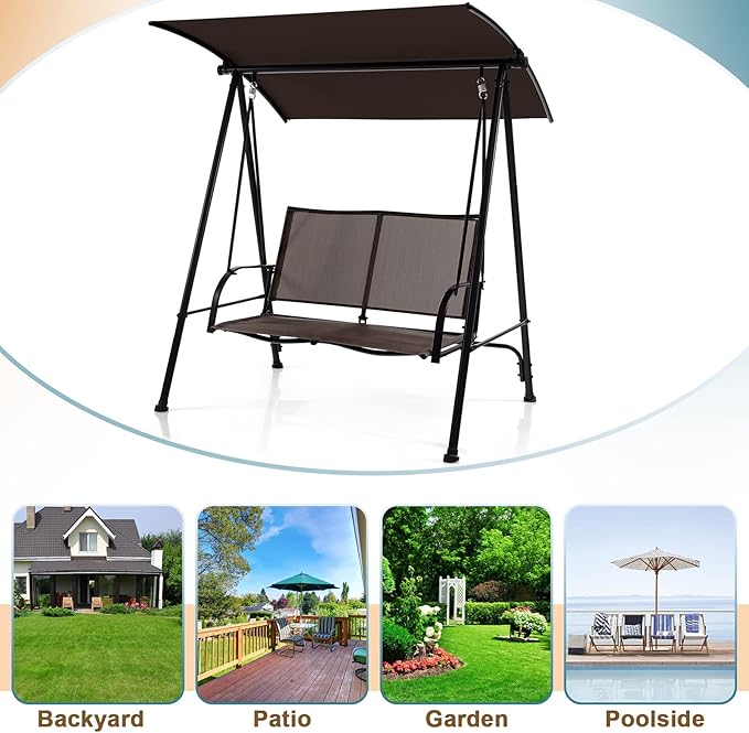 Tangkula 2 Person Porch Swing, Patio Swing with Adjustable Canopy, Comfortable Fabric Seat & Heavy-Duty Steel Frame - Photo 8