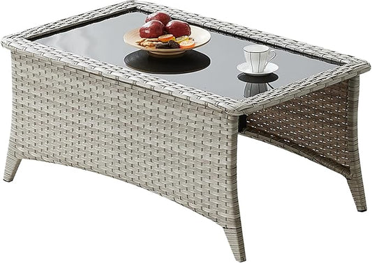 Rilyson Patio Tables Wicker Coffee Table - Outdoor Rattan Coffee Tables with Glass Top for Patio Proch Deck Balcony Rectangle Light Grey