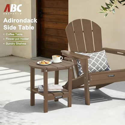Outdoor Side Table Round - Patio Side Tables - HDPE Small Outdoor End Table for Backyard Pool Porch Balcony - Double Layer Storage - Light Brown (Wood Grain Finish)