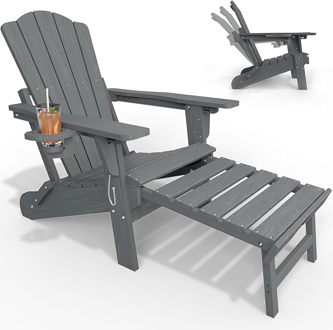 Adjustable Adirondack Chairs with Retractable Ottoman, HDEP Folding Adirondack Chair with Footrest & Cup Holder, All Weather Fire Pit Chair for Outdoor,Grey