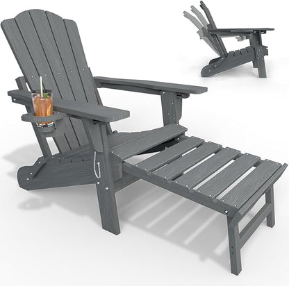 Adjustable Adirondack Chairs with Retractable Ottoman, HDEP Folding Adirondack Chair with Footrest & Cup Holder, All Weather Fire Pit Chair for Outdoor,Grey