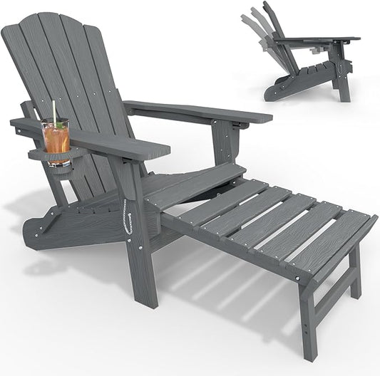 Adjustable Adirondack Chairs with Retractable Ottoman, HDEP Folding Adirondack Chair with Footrest & Cup Holder, All Weather Fire Pit Chair for Outdoor,Grey