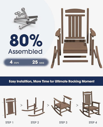 KINGYES HDPE Outdoor Rocking Chair Set of 2, Widened Seat Patio Rocking Chair, Oversized All Weather Patio Rocker, Brown
