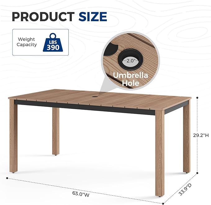 Outdoor Dining Table, Weatherproof 63" Rectangle HIPS Patio Dining Table for 6, with 2" Umbrella Hole, Outdoor Table for Backyard Deck Poolside, Teak