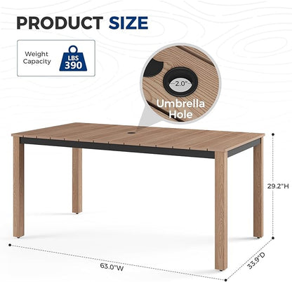 Outdoor Dining Table, Weatherproof 63" Rectangle HIPS Patio Dining Table for 6, with 2" Umbrella Hole, Outdoor Table for Backyard Deck Poolside, Teak