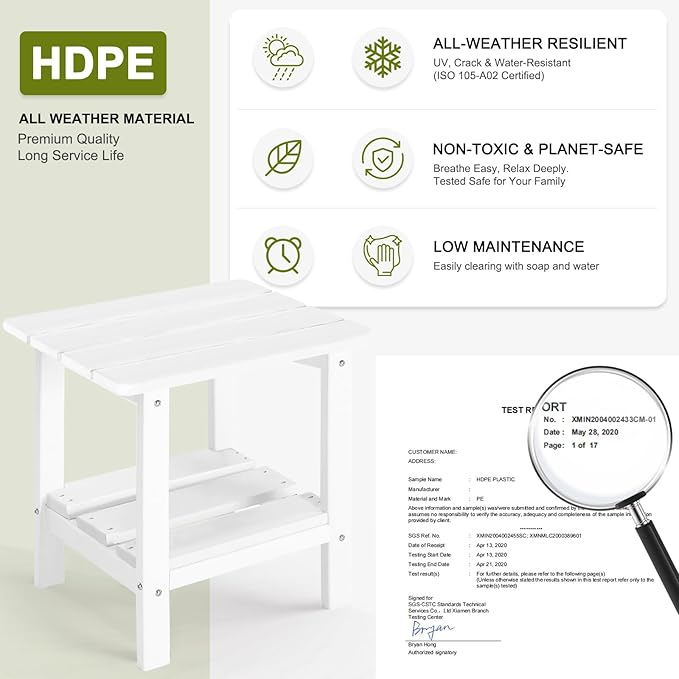 Adirondack Outdoor Side Table, 2-Tier Small Patio End Table, Weather Resistant HDPE Outdoor End Tables for Garden, Lawn, Pool, Beach, Porch, Deck, Backyard - Square, White