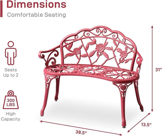 38.5in Outdoor Cast Aluminum Porch Benches,Weatherproof Patio Park Bench,Outside Leisure Bench,Outdoor Garden Park Bench,with Back and Armrests,for Lawn, Deck, Path, Backyard, Entryway (Red)