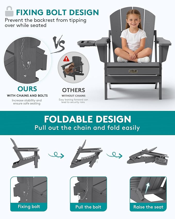 SERWALL Folding Adirondack Chair, Patio Adirondack Chairs with 4 in 1 Cup Holder - Photo 4