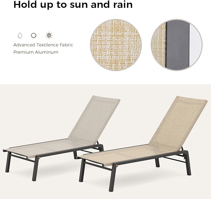 Patio Chaise Lounge Set of 2 with 4 Adjustable Backrest, Foldable Aluminum Chaise Lounge Chair Recliner for Outdoor - Photo 5