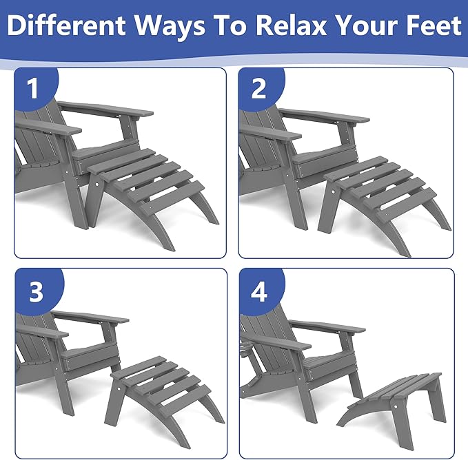 FOOWIN Folding Adirondack Ottoman Set of 4, HDPE All Weather Adirondack Footrests, Ottoman for Adirondack Chair,Patio Footstool for Outside Easy Storage,for Patio, Backyard, Porch, Garden, Grey