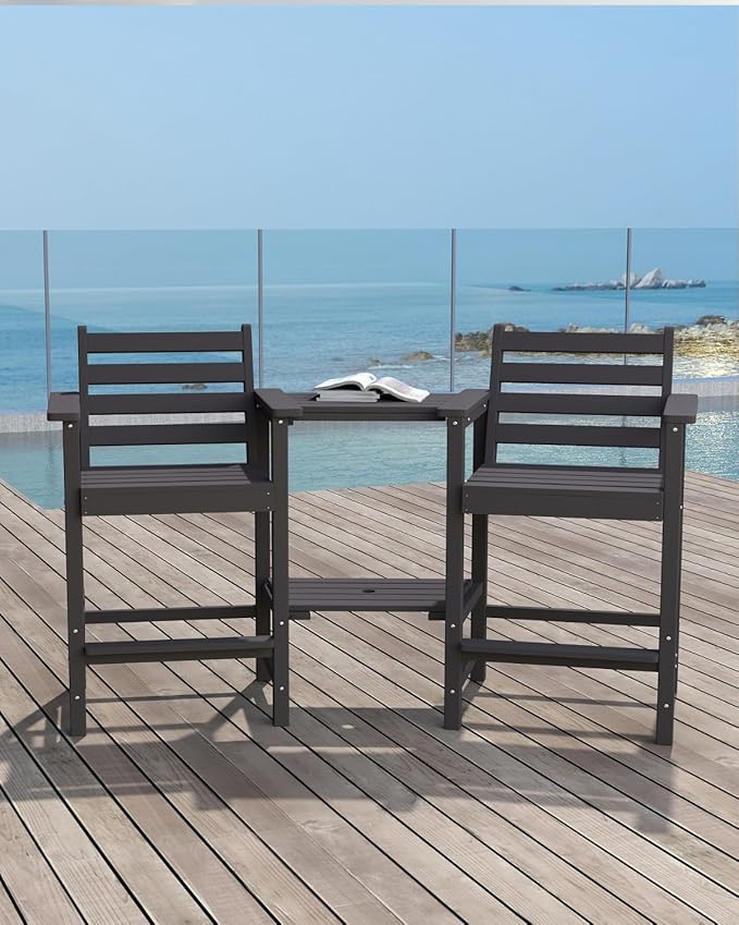 Tall HDPE Adirondack Bar Chairs Set of 2, Outdoor Balcony Bar-Height Chairs with Extra-Large Side Trays & 2" Umbrella Hole, All-Weather Patio Stools for Porch, Deck, Garden (Gray, 2chair)