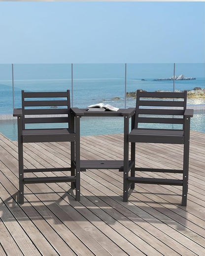 Tall HDPE Adirondack Bar Chairs Set of 2, Outdoor Balcony Bar-Height Chairs with Extra-Large Side Trays & 2" Umbrella Hole, All-Weather Patio Stools for Porch, Deck, Garden (Gray, 2chair)