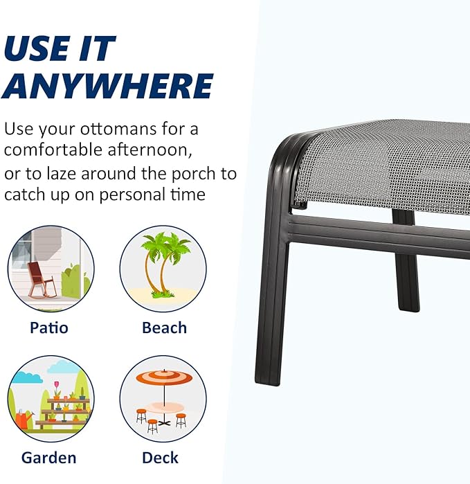 Outdoor Patio Ottoman Seat Textilene Portable Metal Footstool Portable Footrest Patio Chairs 2 Set Grey - Photo 5