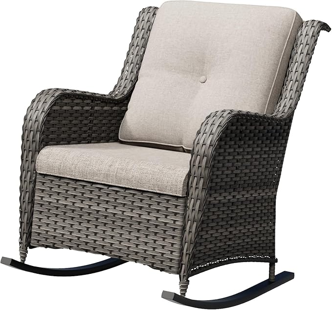 Outdoor Rocking Chair, Wicker Patio Chair with Thickened Olefin Cushions, High Back and Deep Seating - Photo 7