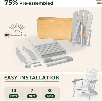 BRIOPAWS Folding-Adirondack-Chairs Set of 2 | HDPE Plastic | Fire Pit Chair | Cup Holder | Curved Back | All Weather| for Outdoor Backyard Deck Patio | White