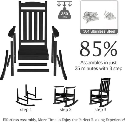 TenKa HDPE Patio Oversized Rocking Chair Set of 2, Outdoor Rocking Chair for Adults, All Weather Resistant Porch Rocker for Lawn Garden