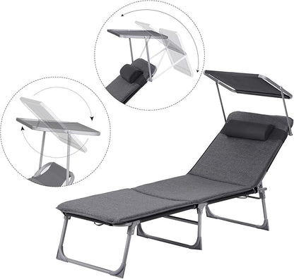 SONGMICS Sun Lounger, Patio Chaise Lounge Chair, Folding, with Canopy, Cushion, 76 x 20.9 x 11.4 Inches, Holds 330 lb, Headrest, Adjustable Backrest, Outdoor Garden Pool, Dark Gray UGCB19UMV1