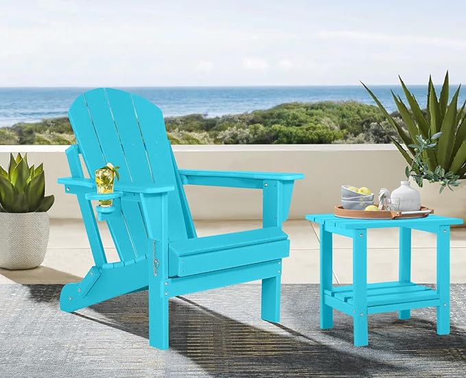 Folding Adirondack Chairs - Plastic Adirondack Chairs with Cup Holder, Weather Resistant for Outdoor, Patio, Lawn, Garden, Backyard Deck, Fire Pit - Turquoise