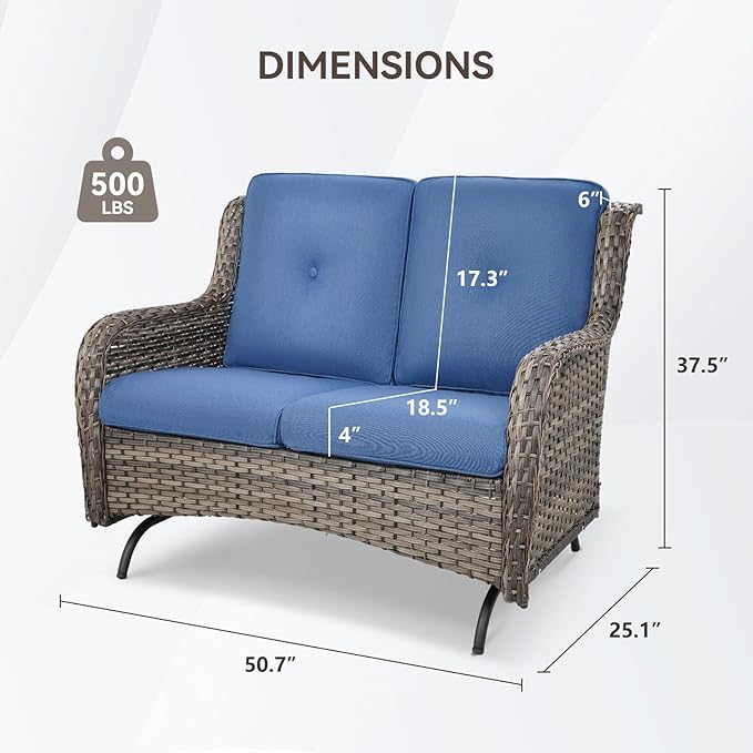 Patio Loveseat Wicker Loveseat Rattan Glider Sofa with Curved Armrest Thicking Back & Seat Cushions for Garden Balcony Backyard Grey Wicker|Blue Cushions (A) Patio Loveseat Glider