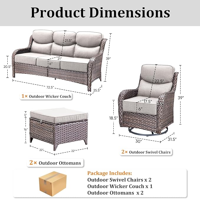 Luxury High Back Patio Furniture Set with 6-Inch Thick Cushions, 5-Pieces Outdoor Furniture with Swivel Chairs - Photo 9
