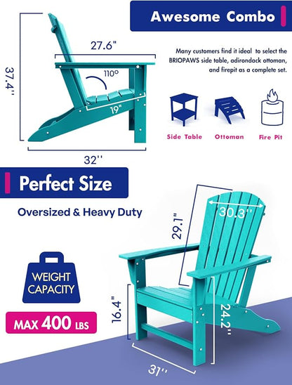 BRIOPAWS Adirondack-Chairs-Set of 6 | Fire Pit Chair | Oversized | HDPE Plastic | Weather Resistant | for Deck Outdoor Poolside Campfire | Aqua