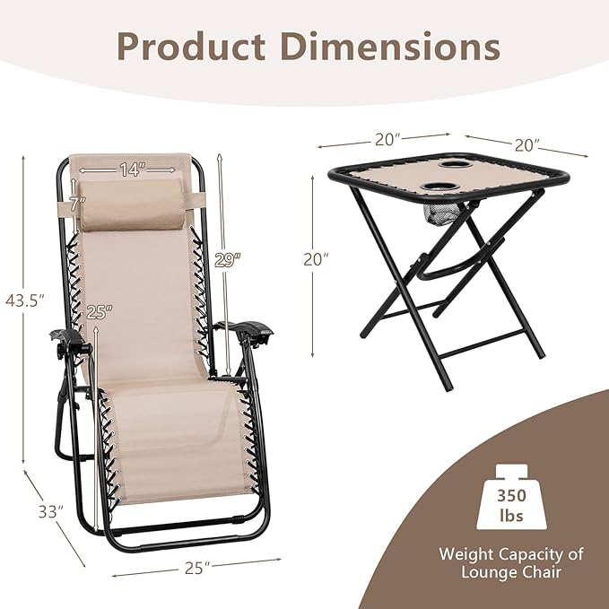 HAPPYGRILL Zero Gravity Lounge Chairs Set with Coffee Table, Folding Reclining Chairs with Side Table and Pillow, 3 Pieces Adjustable Patio Lawn Recliner Set for Outdoor Garden Camp Travel