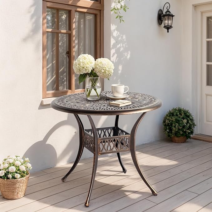 Outvita Patio Side Table, 35.4in Outdoor Round Cast Aluminum Bistro Table with Umbrella Hole and Antique Design for Backyard Porch Pool Balcony Deck Bronze